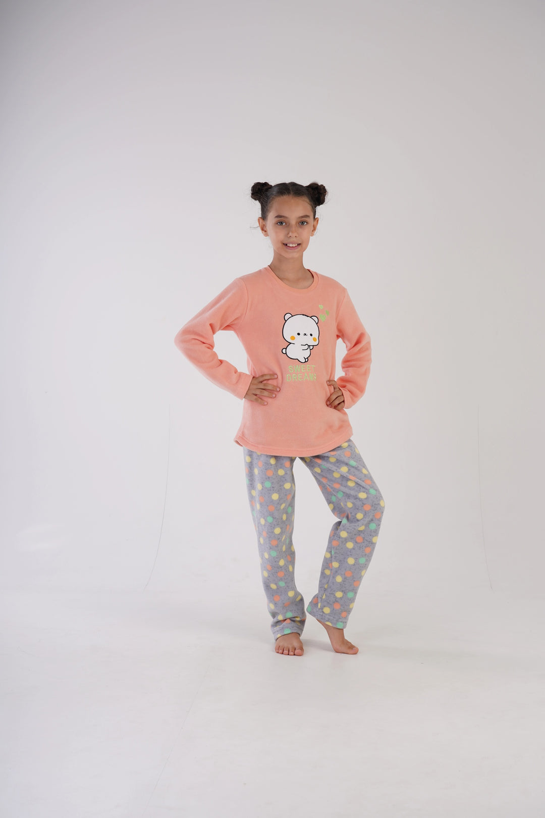 Piżama dziewczęca polarowa Vienetta Sweet Dots Peach, szaro-brzoskwiniowa, r. 128-158
