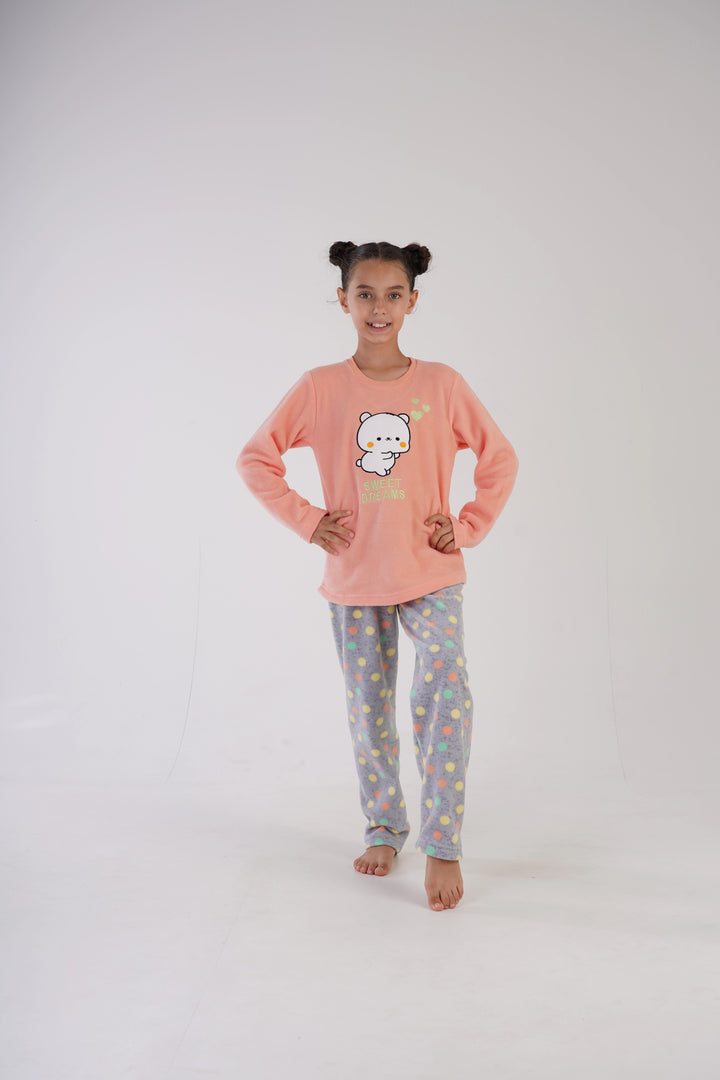 Piżama dziewczęca polarowa Vienetta Sweet Dots Peach, szaro-brzoskwiniowa, r. 128-158