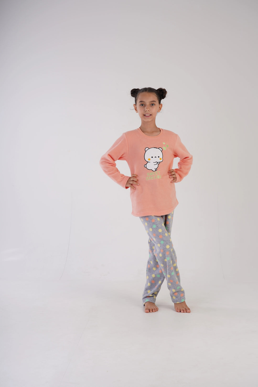 Piżama dziewczęca polarowa Vienetta Sweet Dots Peach, szaro-brzoskwiniowa, r. 128-158