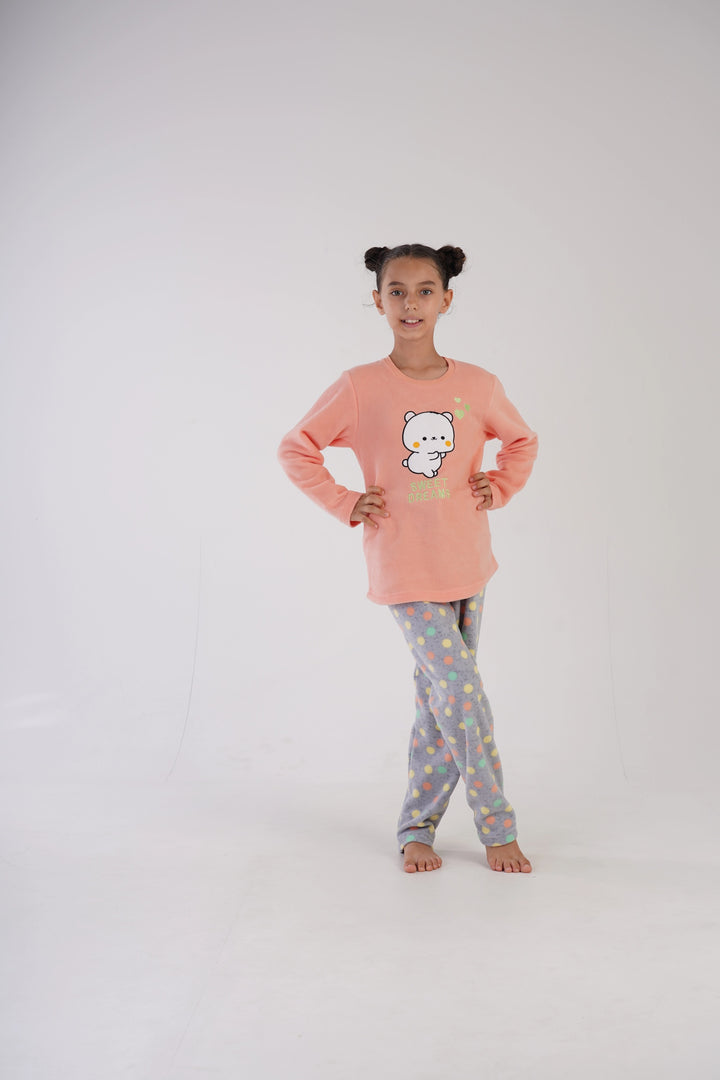 Piżama dziewczęca polarowa Vienetta Sweet Dots Peach, szaro-brzoskwiniowa, r. 128-158