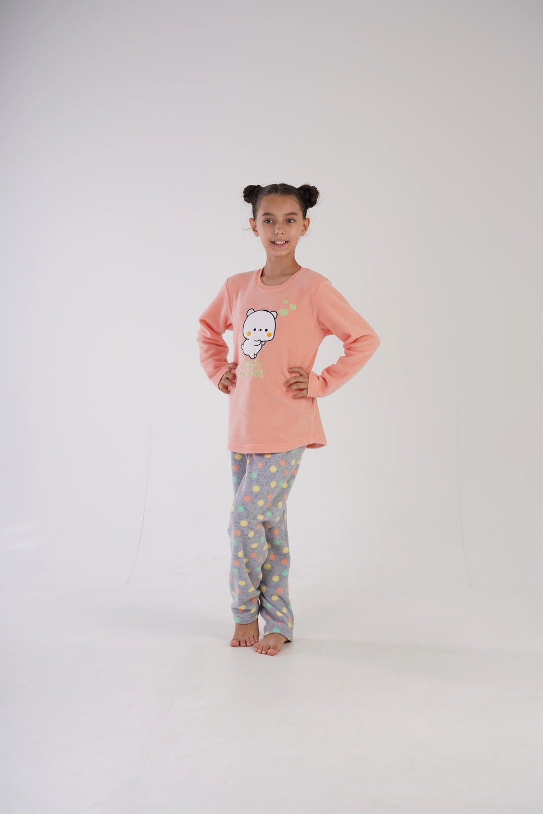 Piżama dziewczęca polarowa Vienetta Sweet Dots Peach, szaro-brzoskwiniowa, r. 128-158