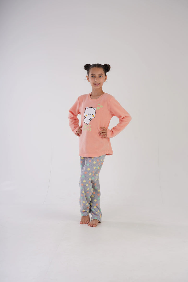 Piżama dziewczęca polarowa Vienetta Sweet Dots Peach, szaro-brzoskwiniowa, r. 128-158