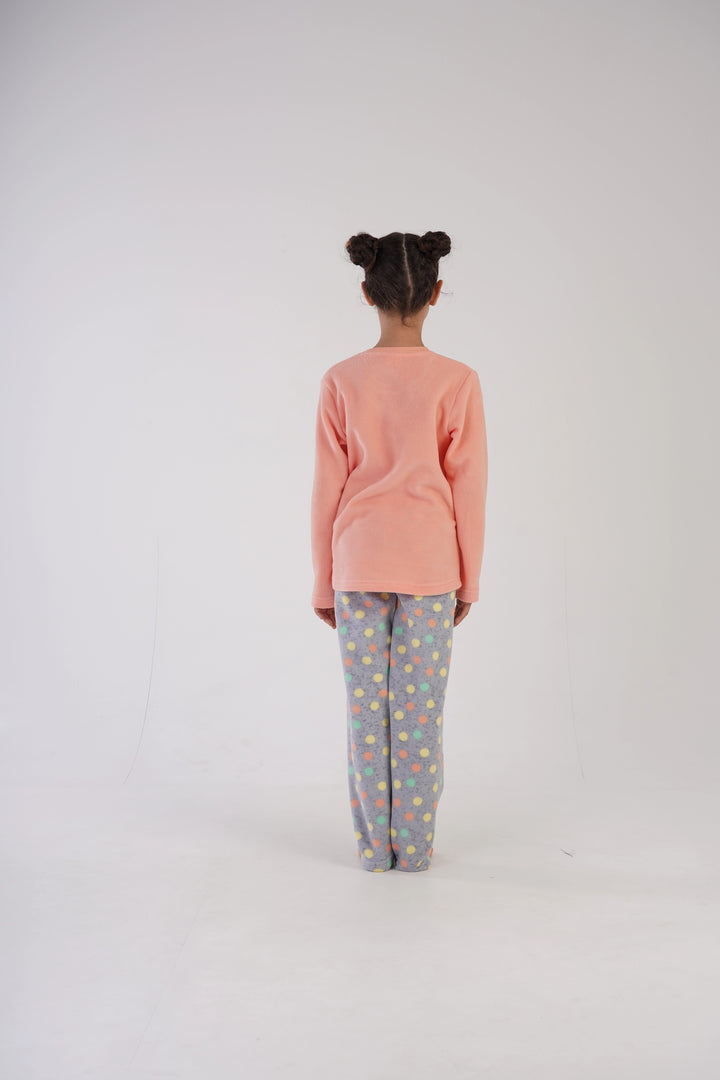 Piżama dziewczęca polarowa Vienetta Sweet Dots Peach, szaro-brzoskwiniowa, r. 128-158