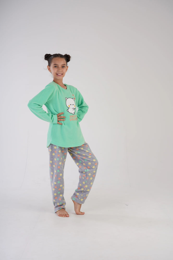 Piżama dziewczęca polarowa Vienetta Sweet Dots Green, szaro-zielona r. 134-164
