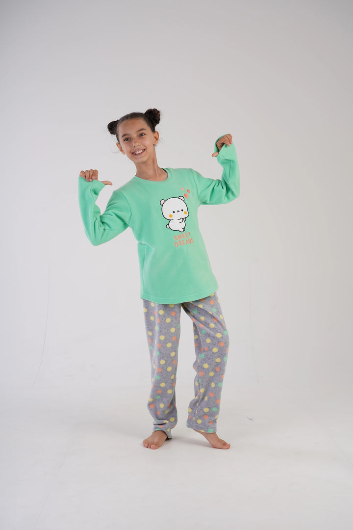 Piżama dziewczęca polarowa Vienetta Sweet Dots Green, szaro-zielona r. 134-164