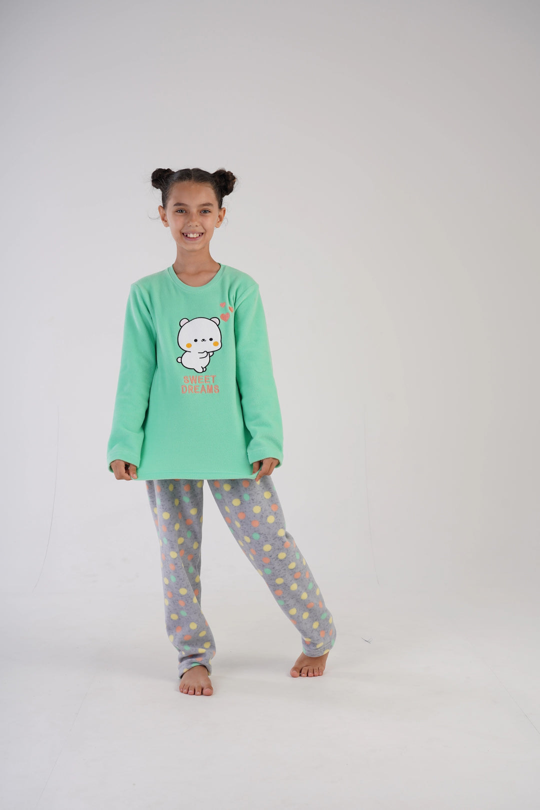 Piżama dziewczęca polarowa Vienetta Sweet Dots Green, szaro-zielona r. 134-164