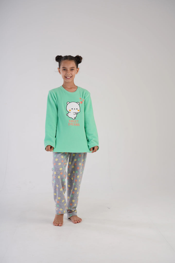 Piżama dziewczęca polarowa Vienetta Sweet Dots Green, szaro-zielona r. 134-164