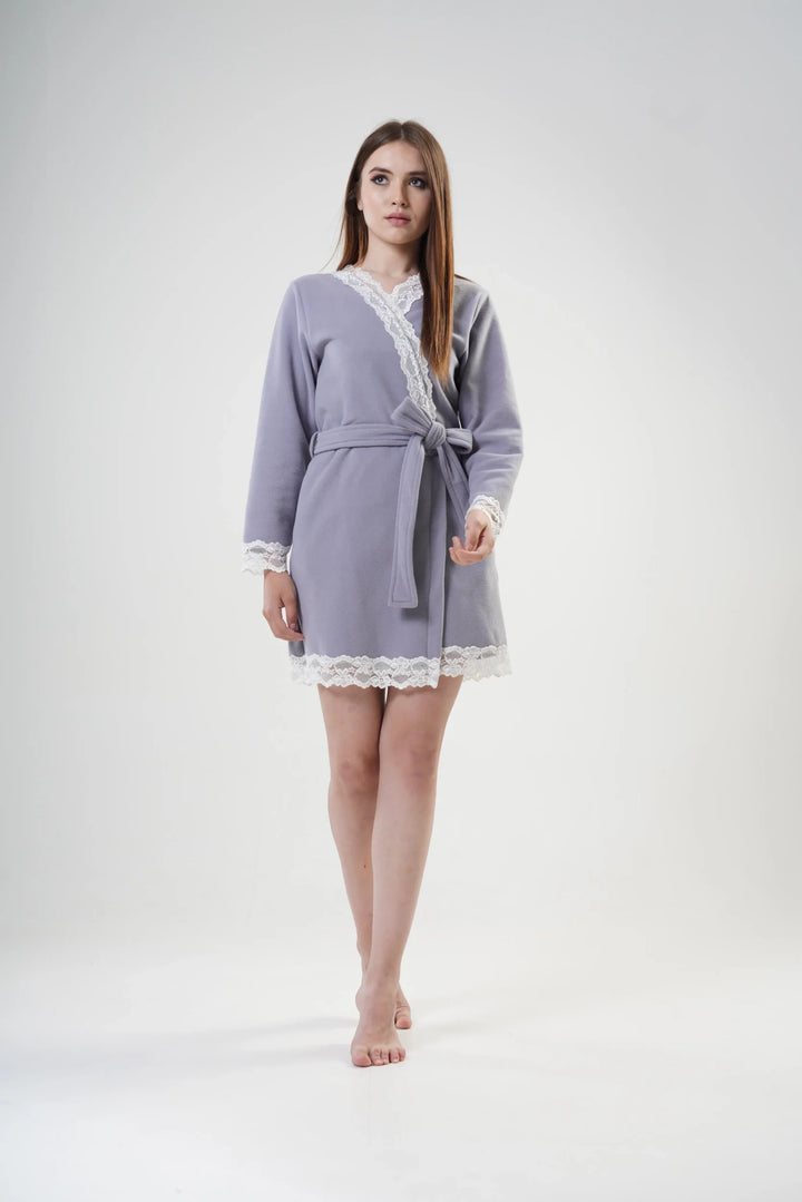 Szlafrok damski Vienetta Cozy Lace, Szary, r. S-XL