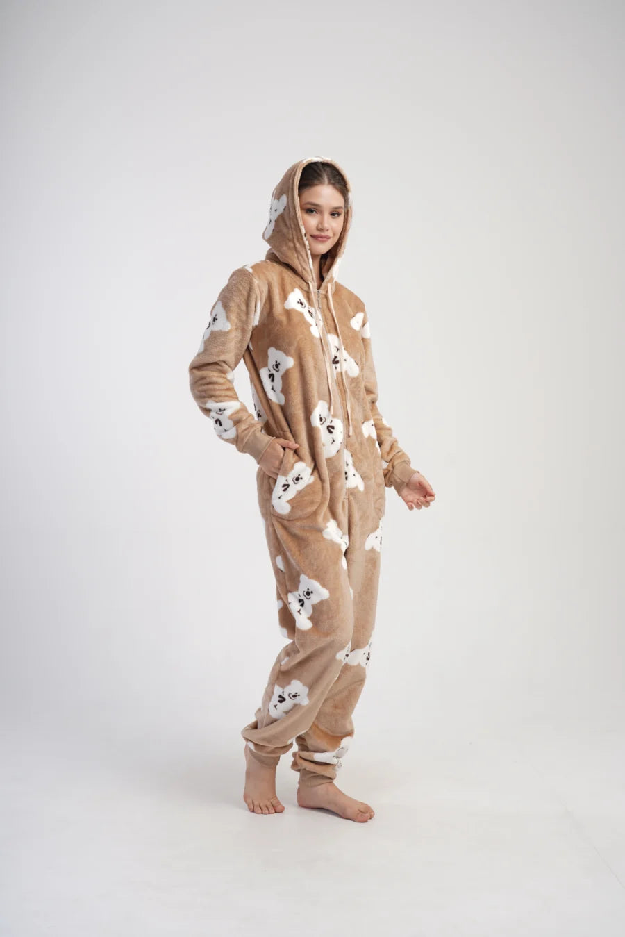 Kombinezon damski Vienetta, Cozy Bear, beżowy, r. S-XL