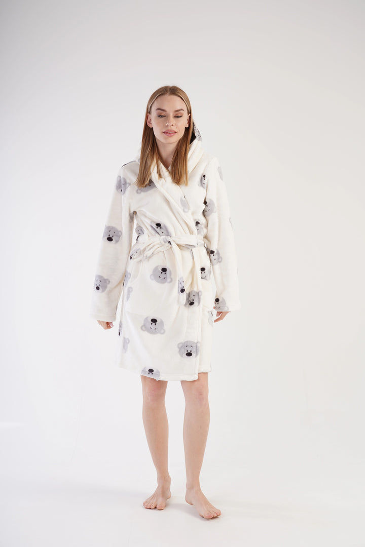 Szlafrok damski Vienetta Teddy Bear Hug, biało-szary, r. S-L