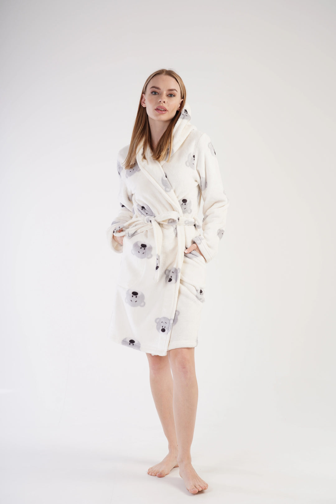 Szlafrok damski Vienetta Teddy Bear Hug, biało-szary, r. S-L