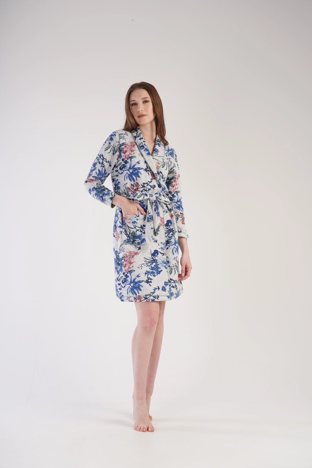 Szlafrok damski Flowers Paradise, szaro-niebieski, r. M-XXL