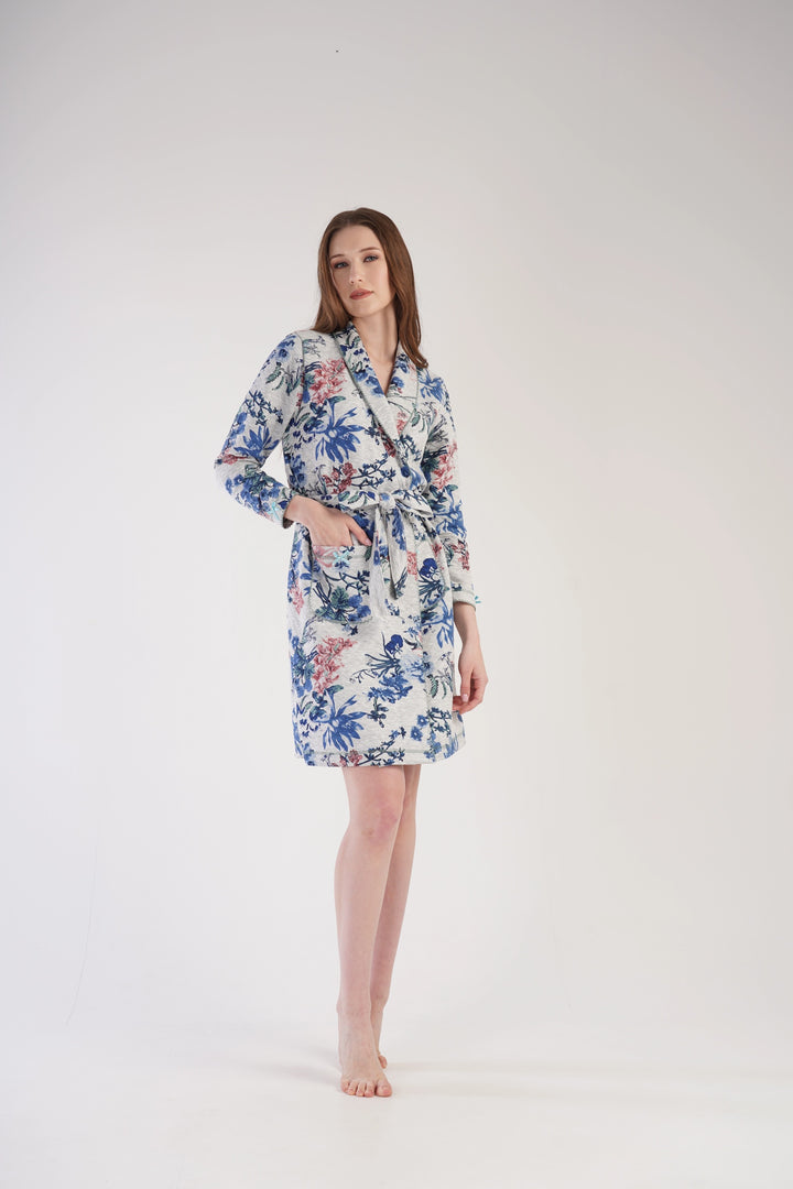 Szlafrok damski Flowers Paradise, szaro-niebieski, r. M-XXL
