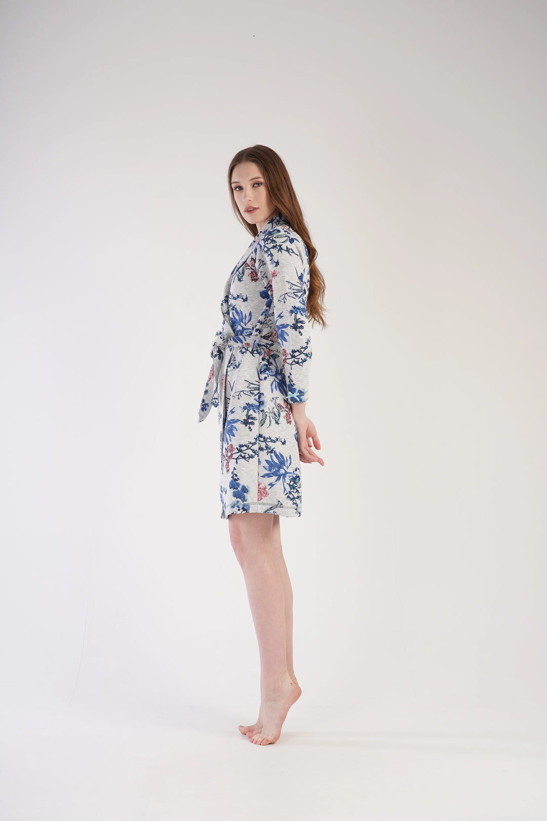 Szlafrok damski Flowers Paradise, szaro-niebieski, r. M-XXL