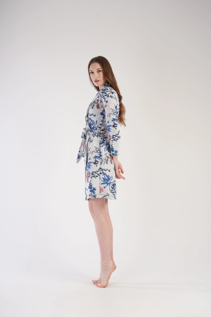 Szlafrok damski Flowers Paradise, szaro-niebieski, r. M-XXL
