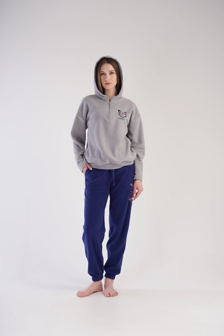 Piżama Damska Polarowa Vienetta Evergreen Elegance, szaro-granatowa, r. S-XL