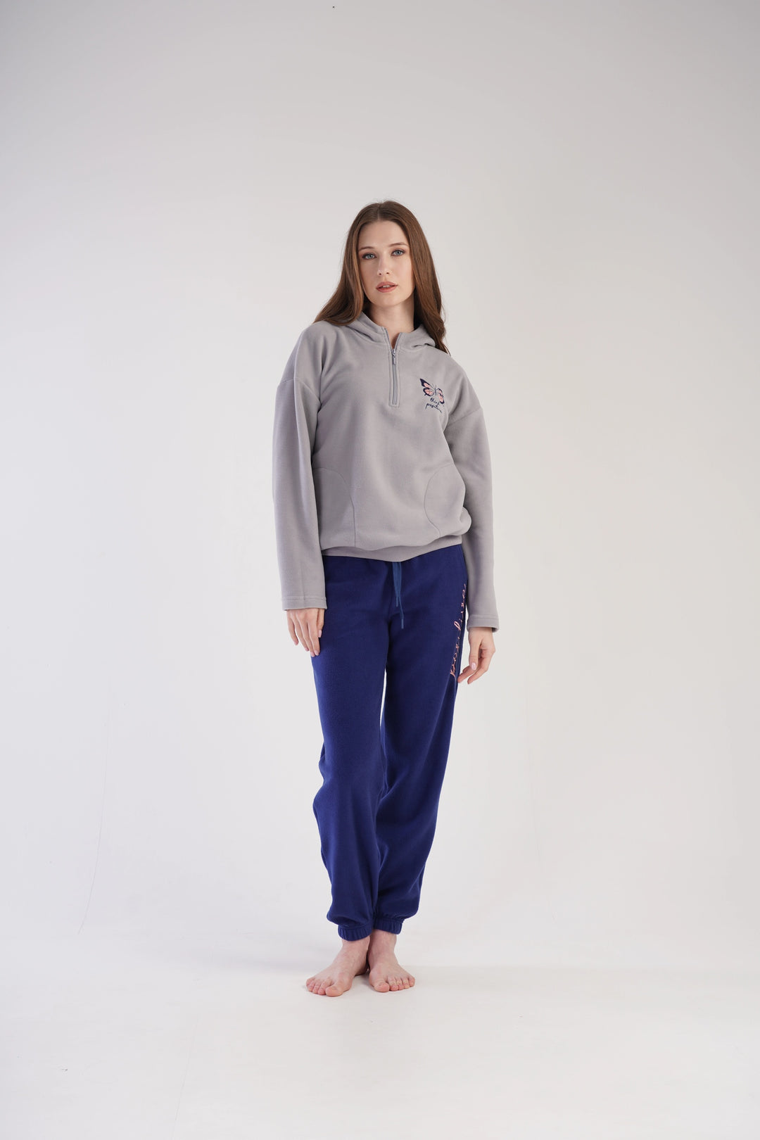 Piżama Damska Polarowa Vienetta Evergreen Elegance, szaro-granatowa, r. S-XL