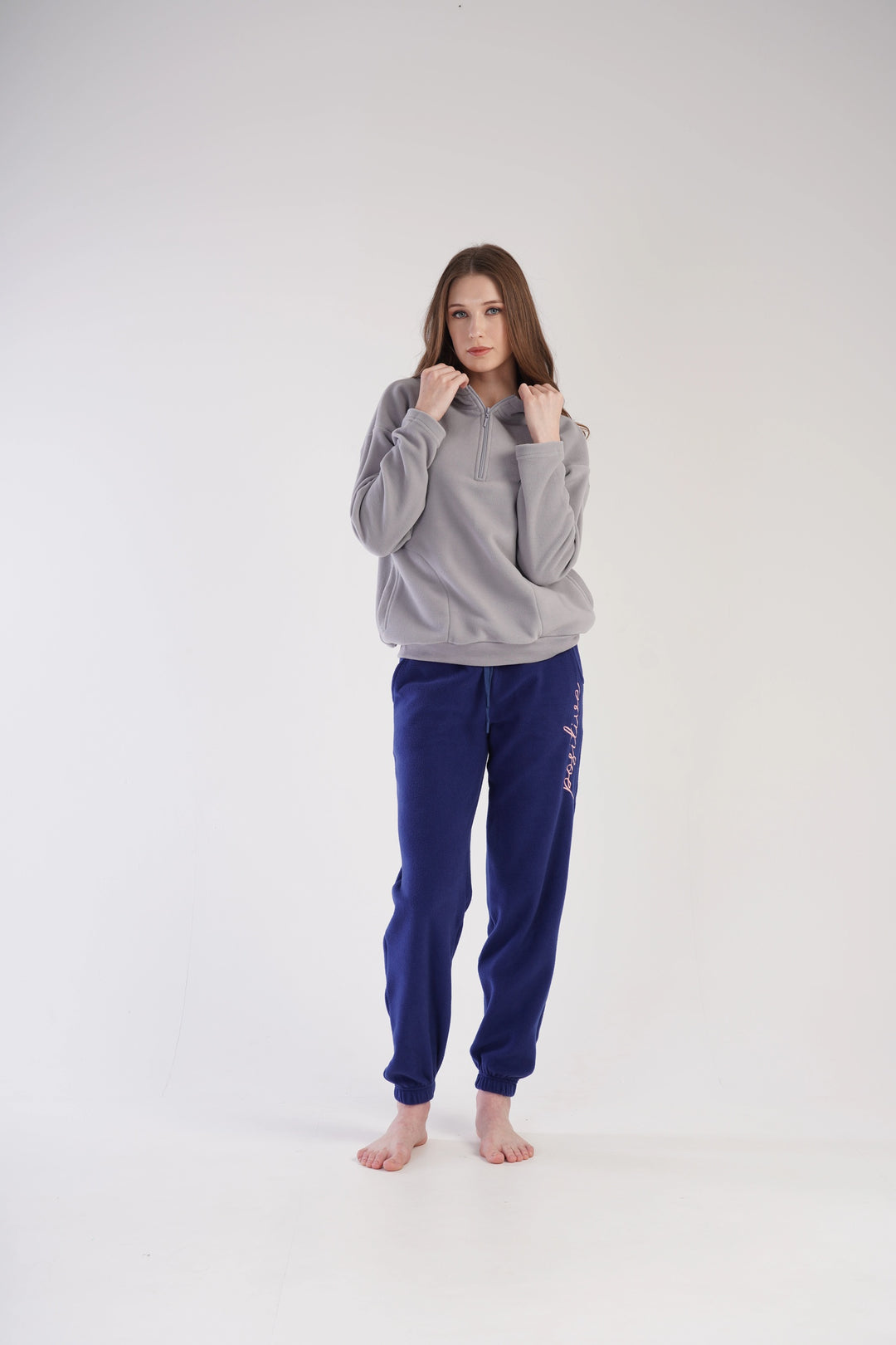 Piżama Damska Polarowa Vienetta Evergreen Elegance, szaro-granatowa, r. S-XL