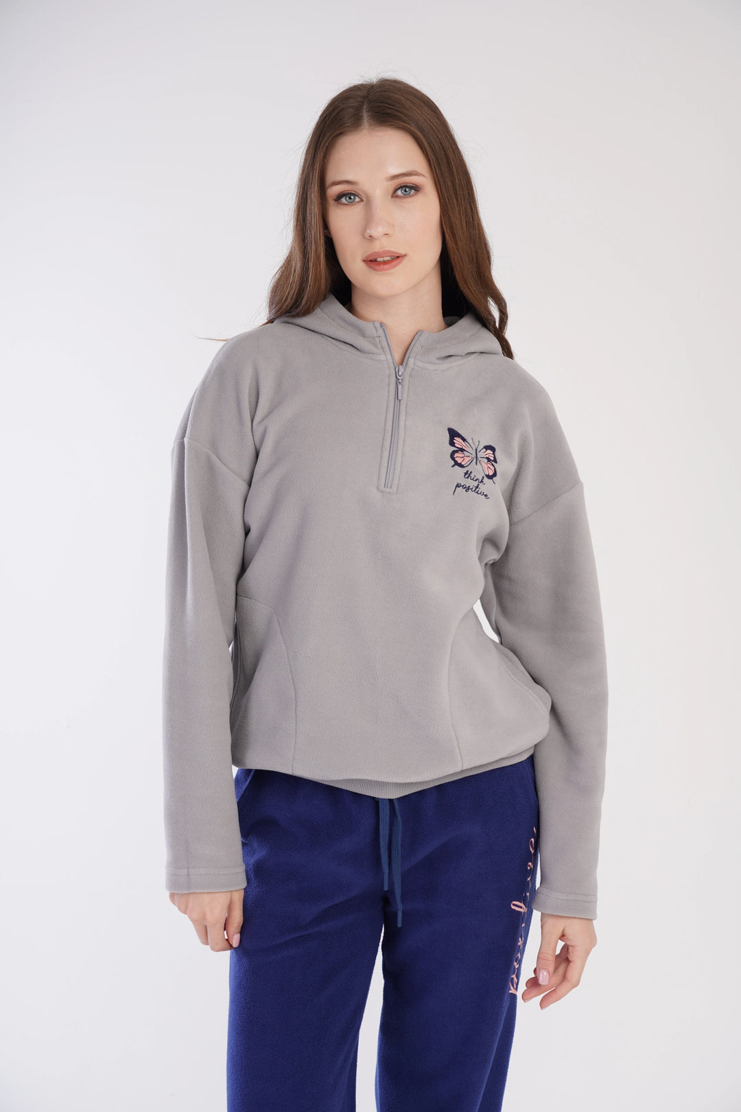 Piżama Damska Polarowa Vienetta Evergreen Elegance, szaro-granatowa, r. S-XL