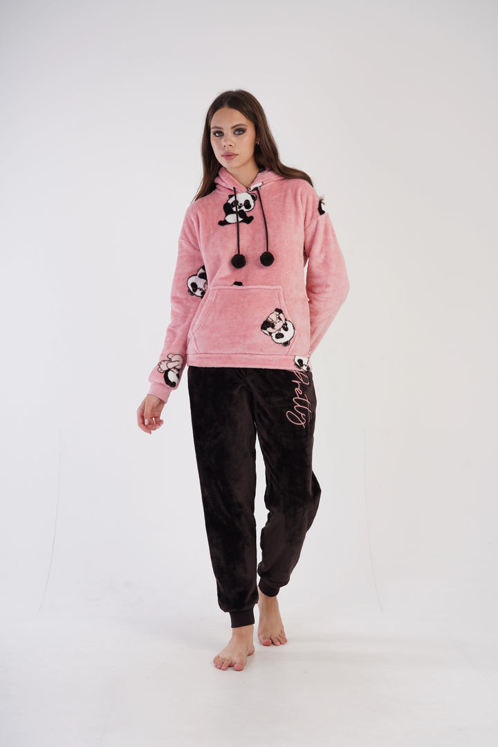 Piżama Damska Softowa Vienetta Panda Dream Delight, różowo-brązowa, r. S-XL