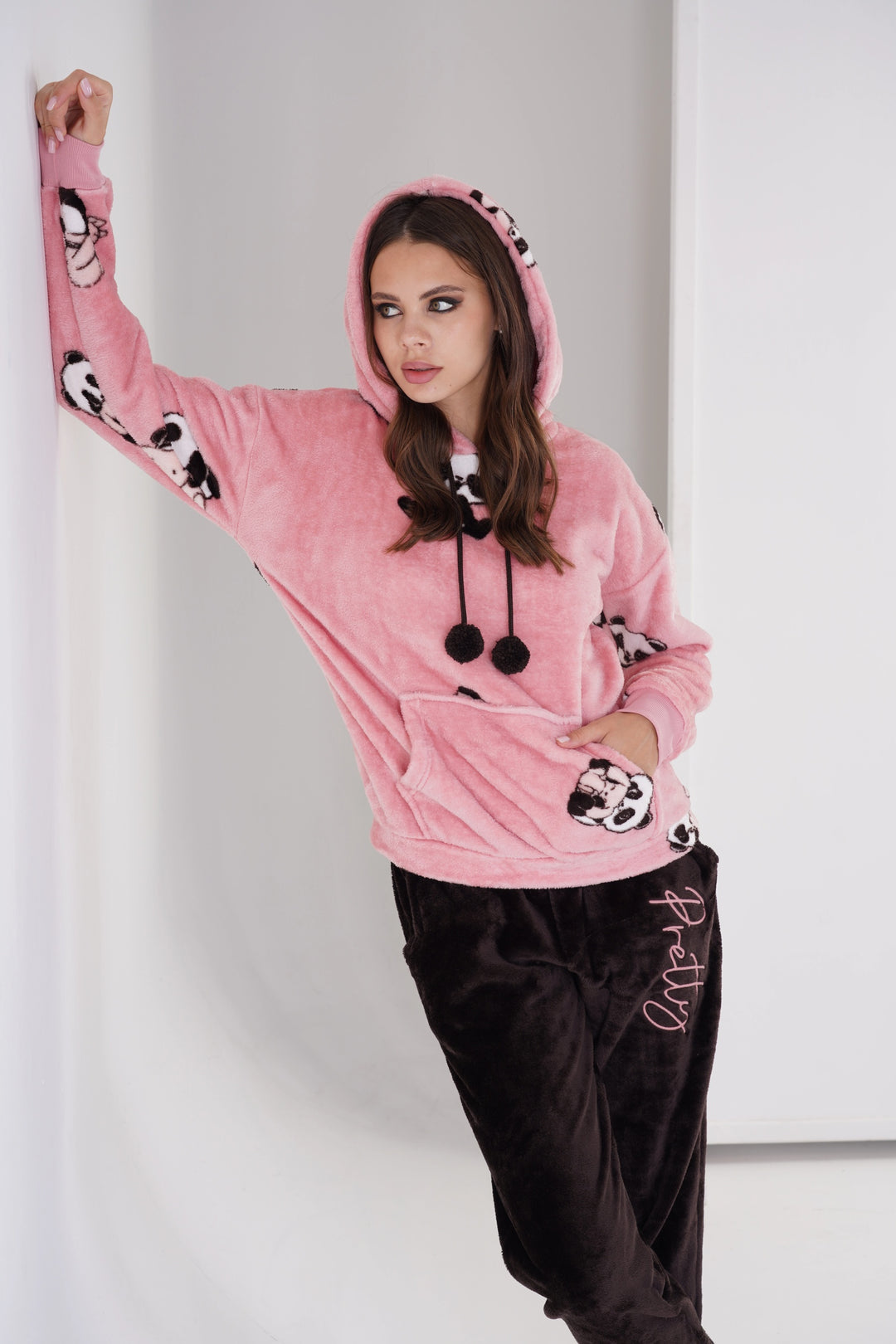 Piżama Damska Softowa Vienetta Panda Dream Delight, różowo-brązowa, r. S-XL