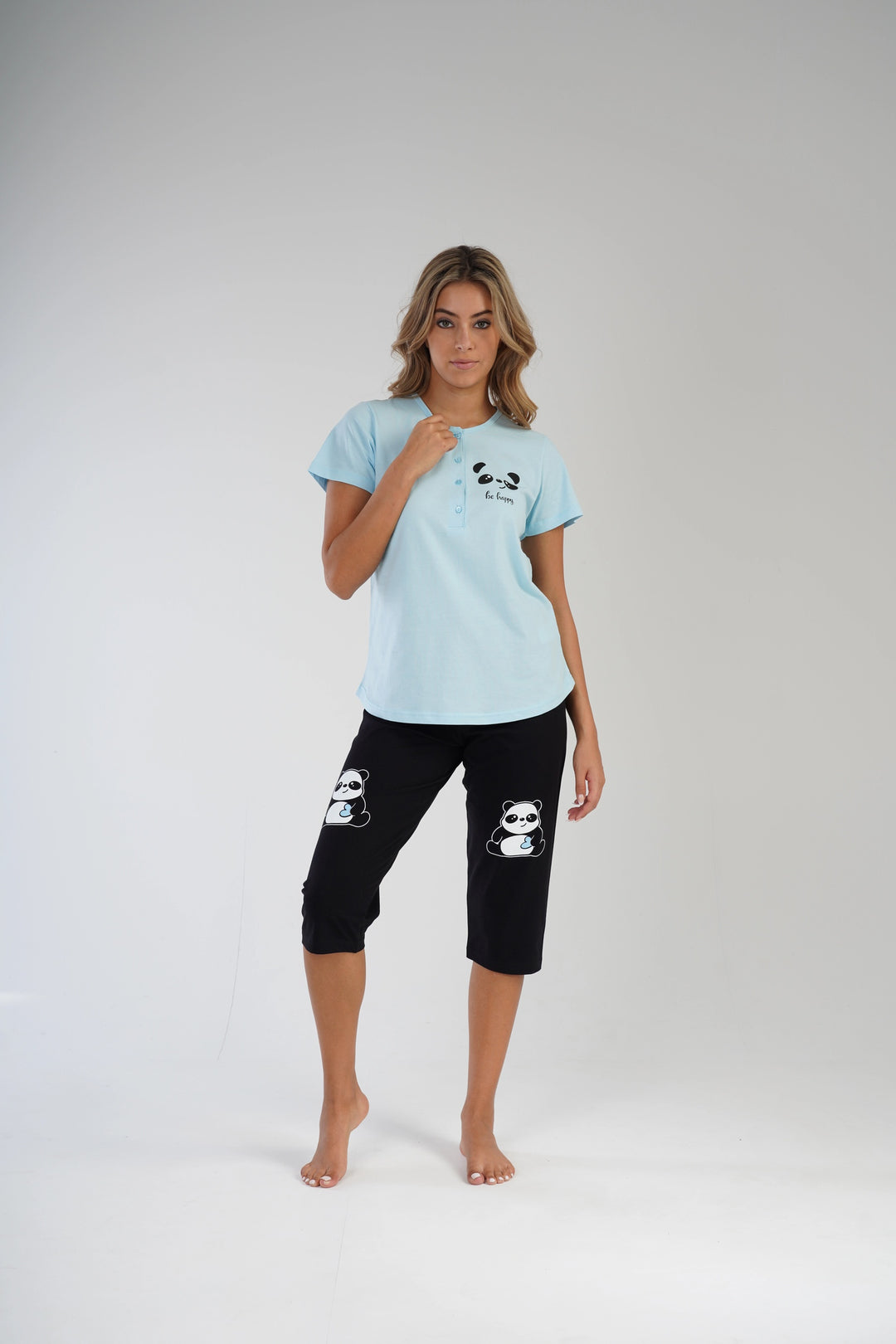 Piżama Damska Vienetta Lovely Panda Blue, niebiesko-czarna, r. M-XXL