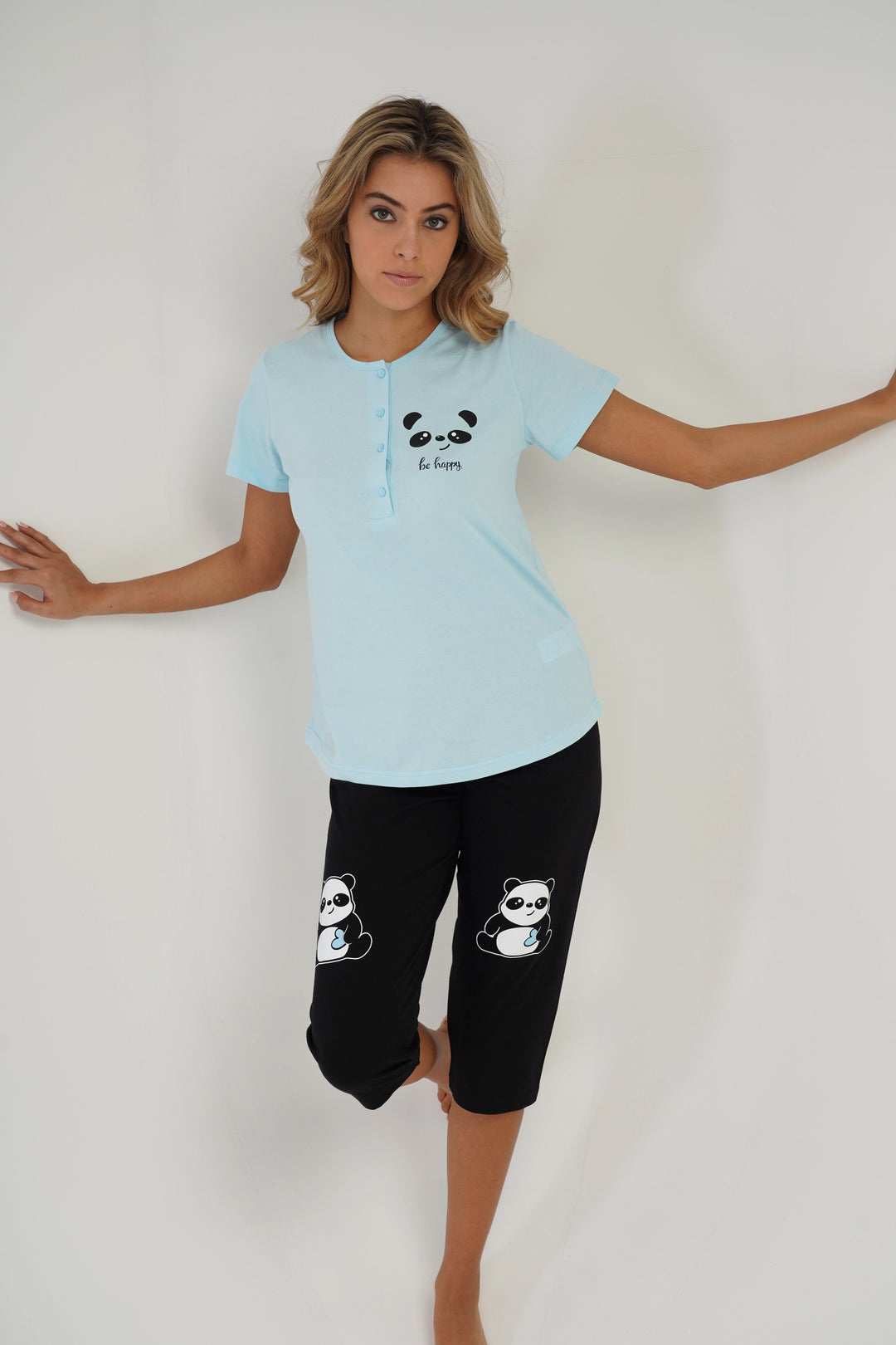 Piżama Damska Vienetta Lovely Panda Blue, niebiesko-czarna, r. M-XXL