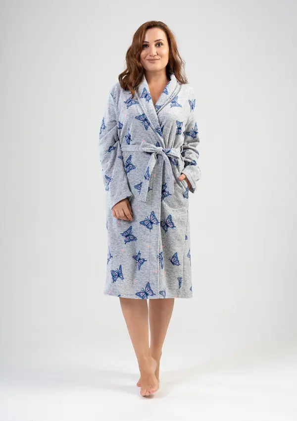 Szlafrok damski polarowy Vienetta Butterfly, Szary, r. 1XL-4XL