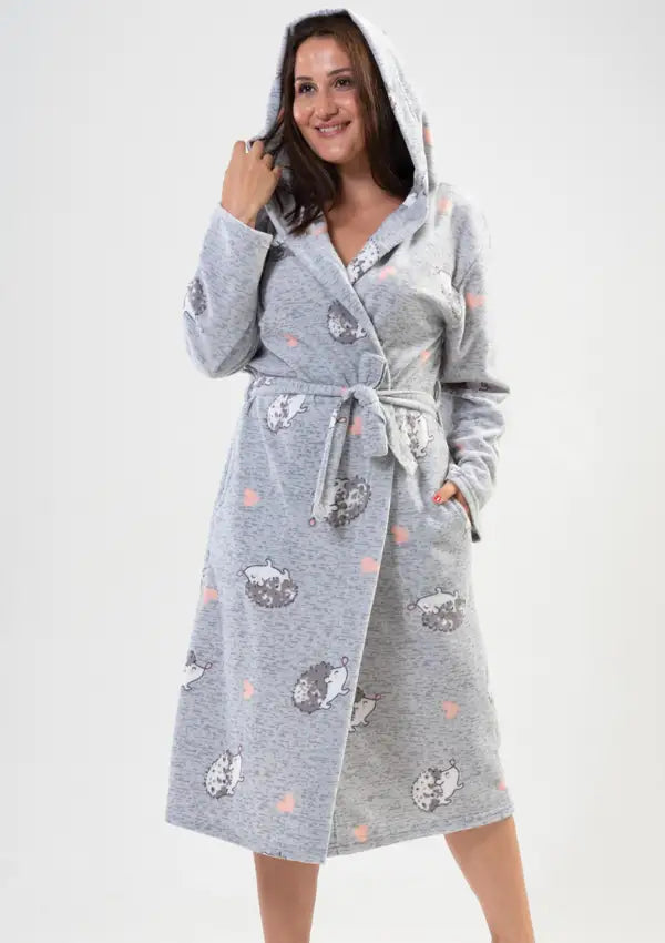Szlafrok damski polarowy Vienetta Hedgehog, Szary, r. 1XL-4XL