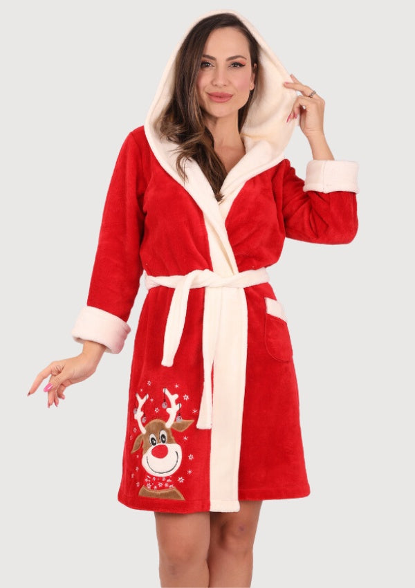 Szlafrok damski Vienetta Oh My DEER, czerwony, r. S-L