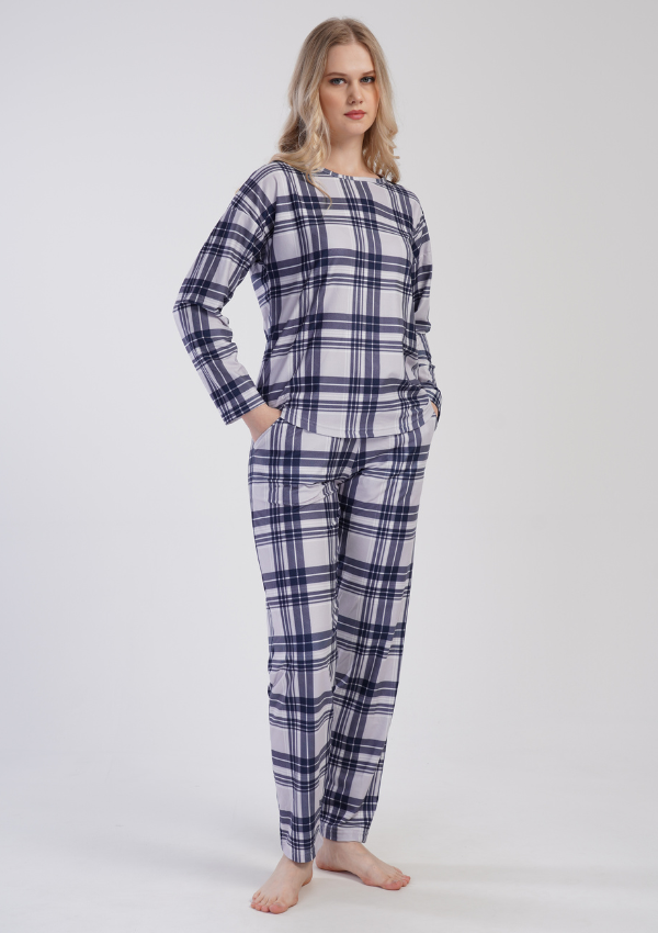 Piżama Damska Vienetta Cozy Check, Szary, r. S-XL