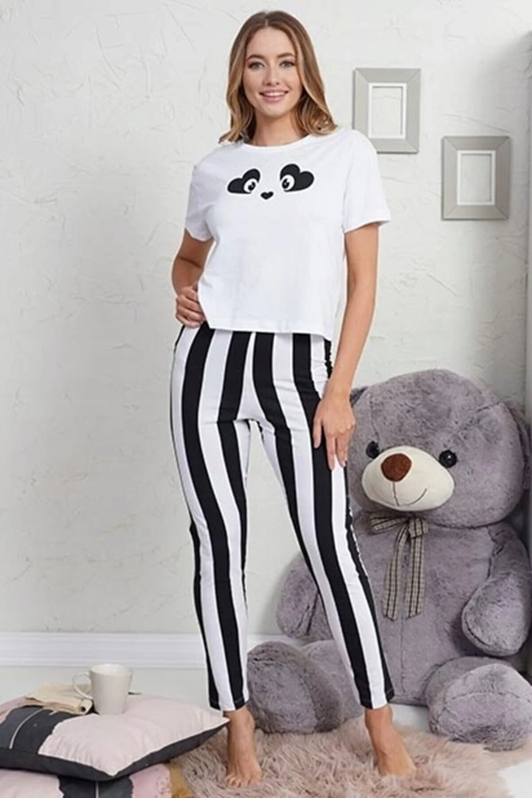 Piżama Damska Vienetta Heart Eyes Long, biało-czarna, r. S-L