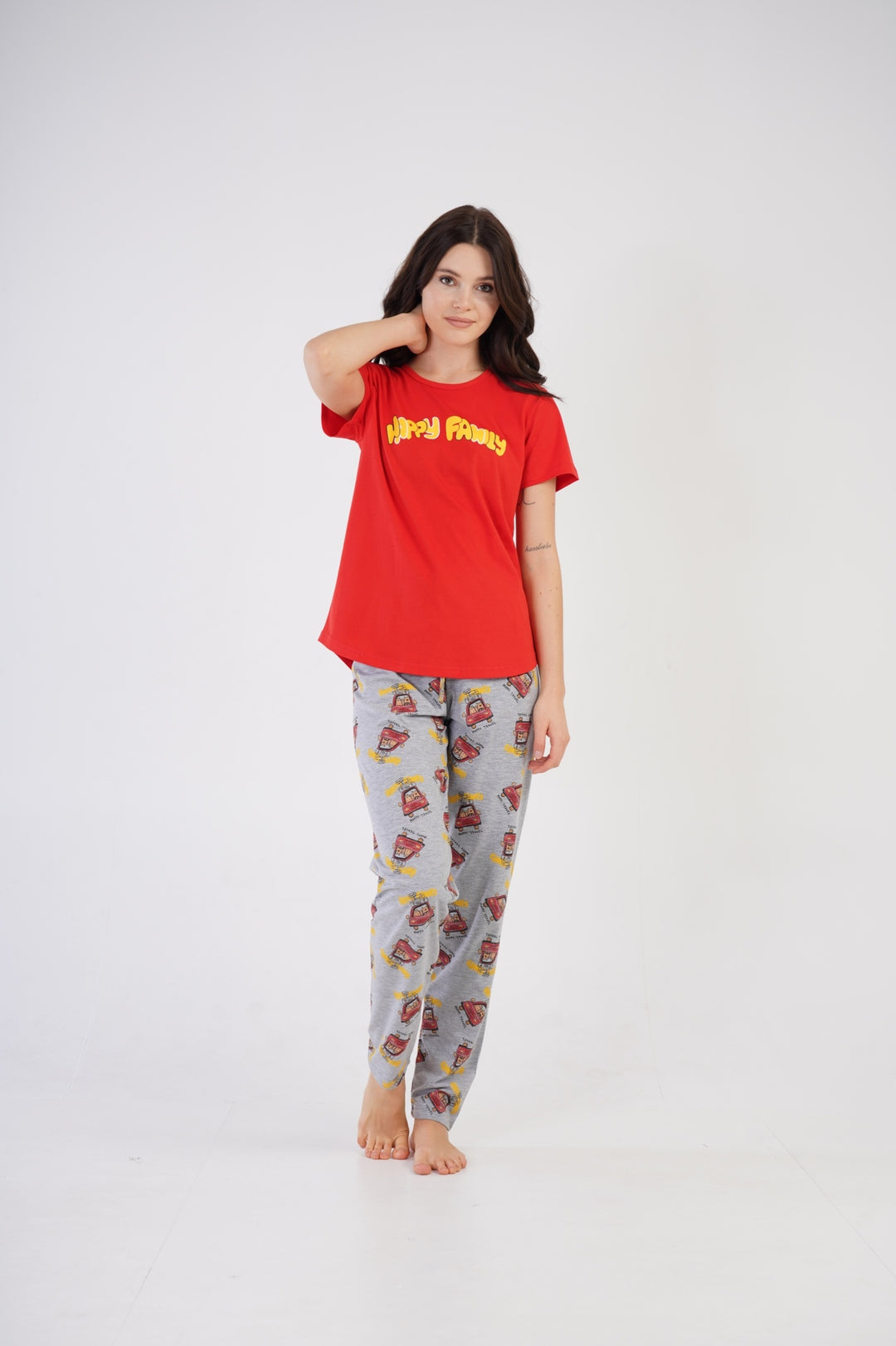 Piżama Damska Vienetta, Happy Family, Czerwona, r. S-XL