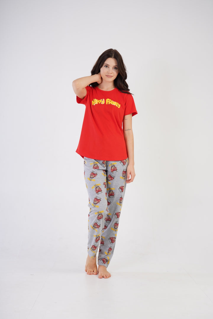 Piżama Damska Vienetta, Happy Family, Czerwona, r. S-XL