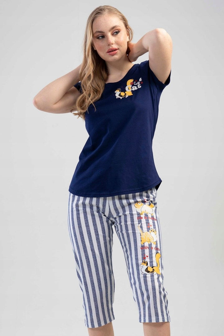 Piżama Damska Vienetta, Cute Cat, Granatowa, r. S-XL