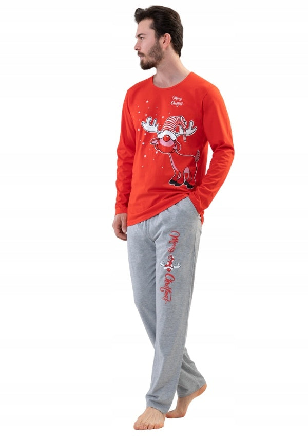 Piżama Męska Vienetta Christmas Deer, czerwono-szara, r. S-XL