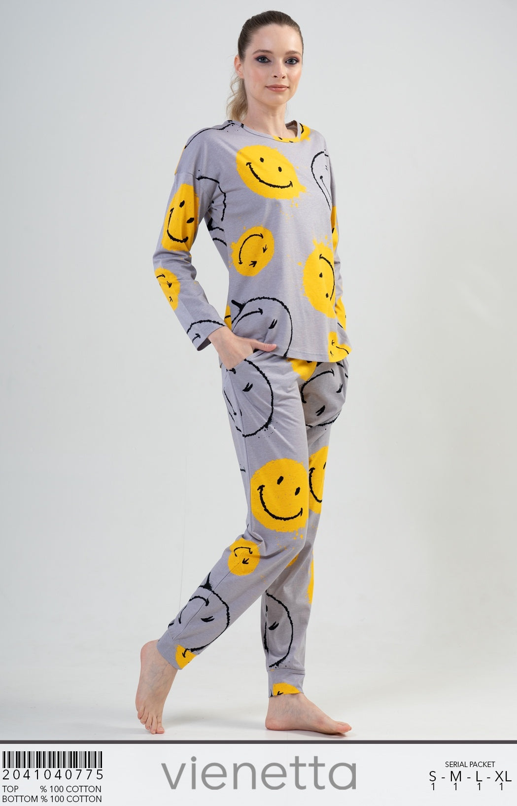 Piżama Damska Vienetta, Smiley Faces, Żółty, r. S-XL