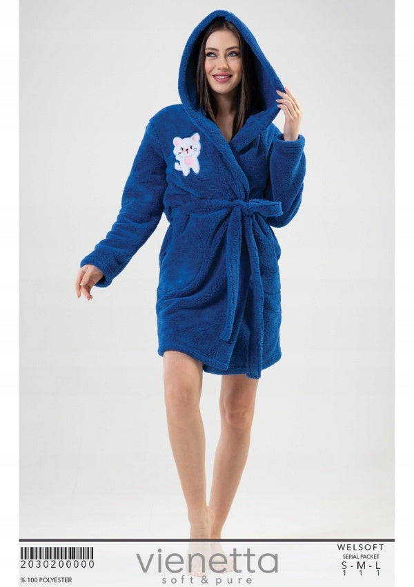 Szlafrok damski Vienetta, Blue Kitty, Granatowy, r. S-L