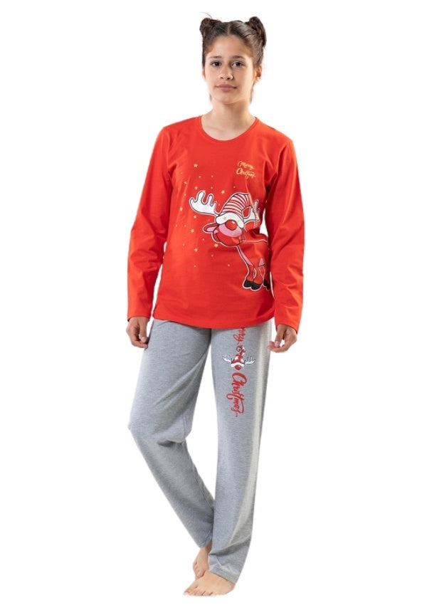 Piżama Dziewczęca Vienetta Christmas Deer, czerwono-szara, r. 128-164