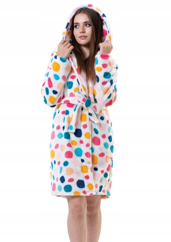Szlafrok damski Vienetta, Colorful Dots, Biały, r. S-L