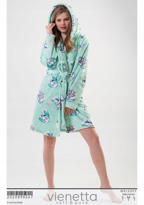 Szlafrok damski Vienetta, Chill Dogs, Zielony, r. S-L