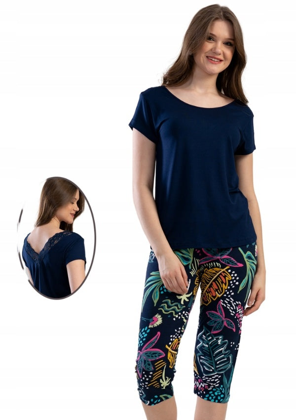 Piżama Damska Vienetta, Flower Night, Granatowa, r. M-XXL