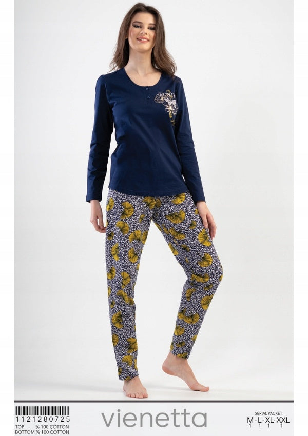 Piżama Damska Vienetta, Yellow Flower, Granatowy, r. M-XXL