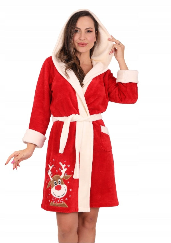 Szlafrok damski Vienetta Oh My DEER, czerwony, r. S-L