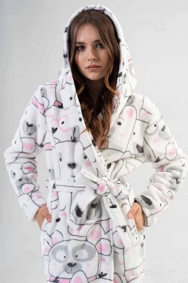 Szlafrok damski Vienetta,  Lamas Pijamas, Biały, r. S-L