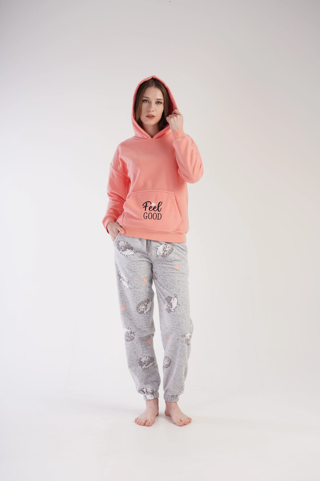 Piżama Damska Polarowa Vienetta Cuddly Hedgehog, brzoskwiniowo-szara, r. S-XL image 0