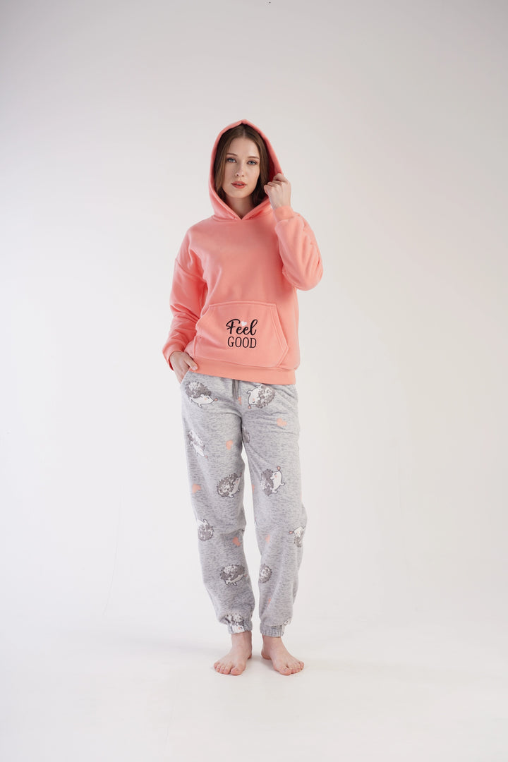 Piżama Damska Polarowa Vienetta Cuddly Hedgehog, brzoskwiniowo-szara, r. S-XL image 0