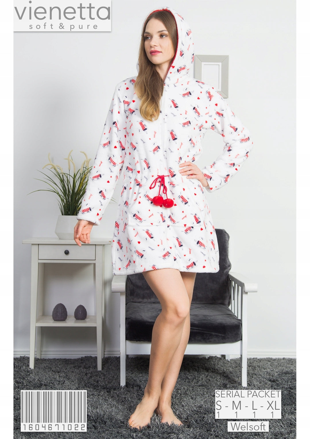 Szlafrok damski Vienetta, Red Doggie, Biały, r. S-XL