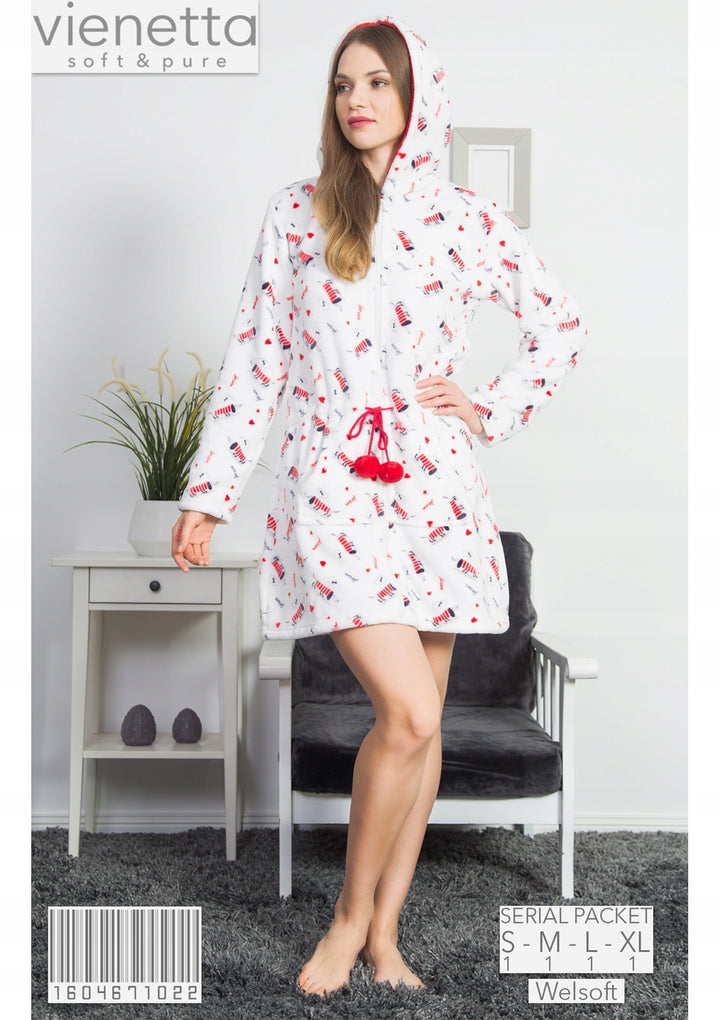 Szlafrok damski Vienetta, Red Doggie, Biały, r. S-XL