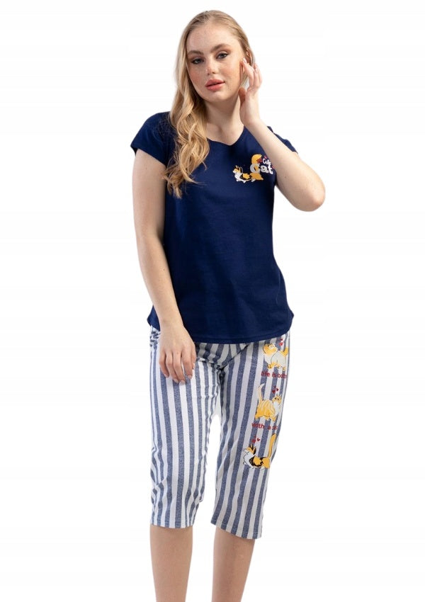 Piżama Damska Vienetta, Cute Cat, Granatowa, r. S-XL